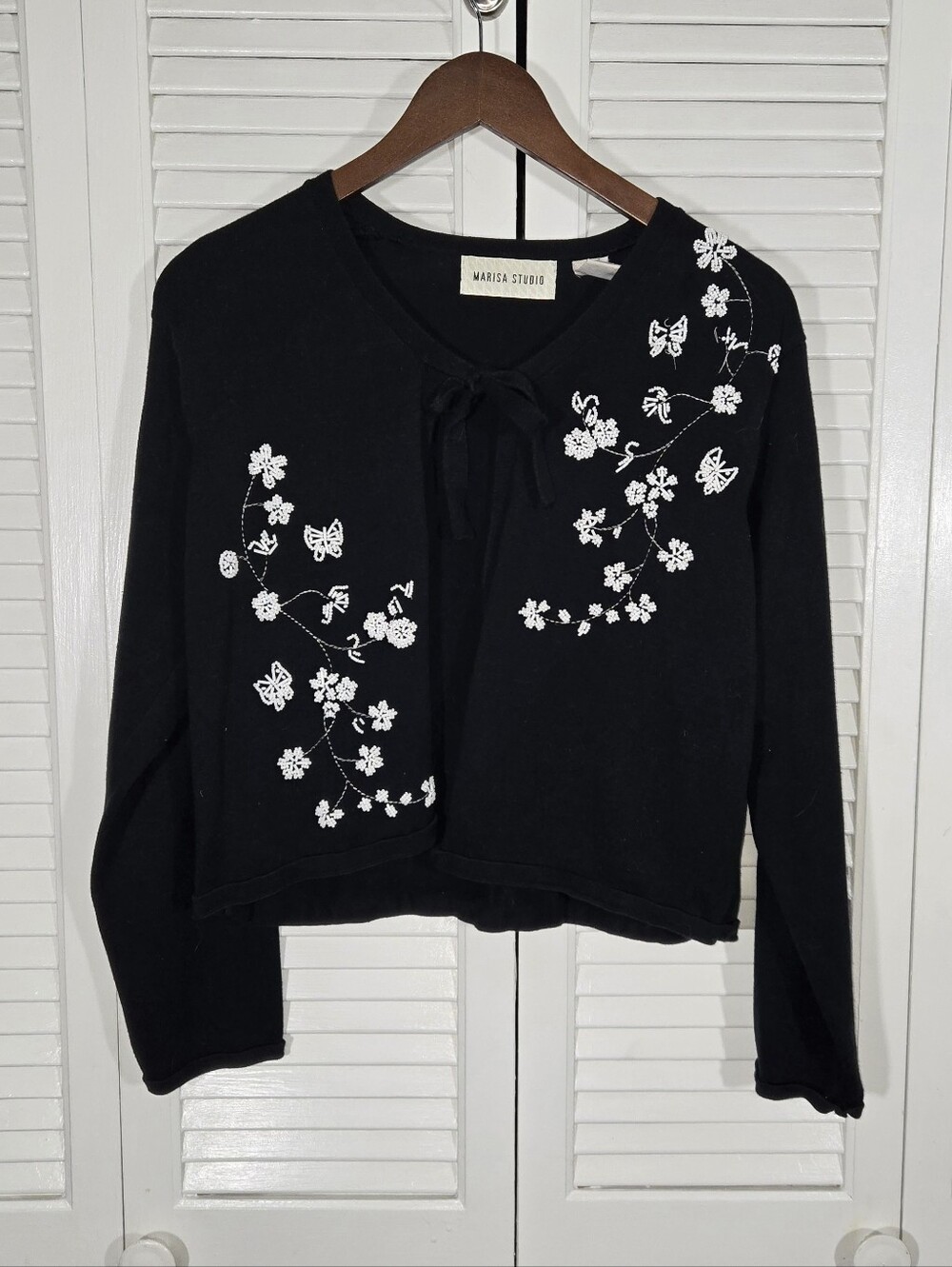 Marisa Studio Vintage Black Cropped Tie Front Floral Beaded Front Panel Cardigan